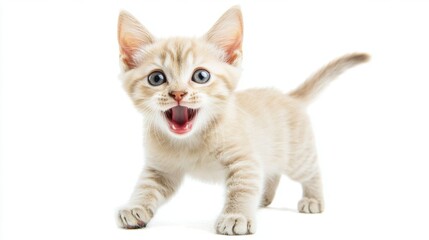 Obraz premium Cute Beige Kitten with Blue Eyes in Playful Stance on White Background Studio Shot