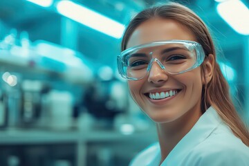 Fototapeta premium A confident young woman in her early 20s wearing safety goggles and a lab coat, smiling in a high-tech laboratory with scientific equipment in the background