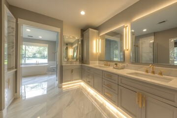 A contemporary bathroom with soft neutral tones, a large vanity mirror, under-cabinet lighting, and elegant gold-accented faucets