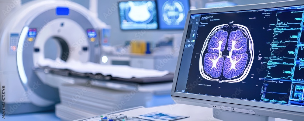 Poster a modern medical imaging room featuring a ct scanner and a computer displaying brain scan images.