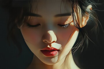 A contemporary editorial-style portrait of a Korean woman, her beauty emphasized by an interplay of soft and bold shadows.