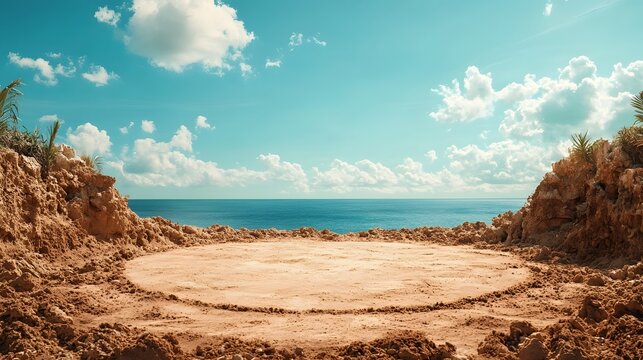 Photograph of a sand wrestling arena marked with a circular boundary on a golden beach with ample copy space for text or graphic overlay