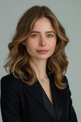 Fototapeta premium Professional woman in black blazer with confident expression
