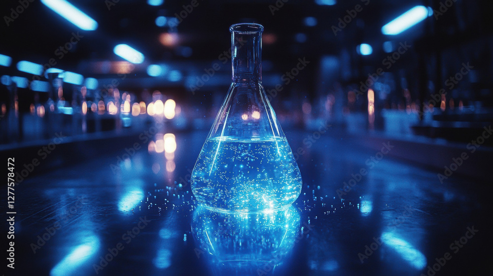 Poster glowing laboratory flask filled with blue chemical solution, surrounded by sparkling particles, crea