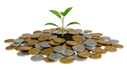 Green sprout growing from pile of coins, symbolizing investment success
