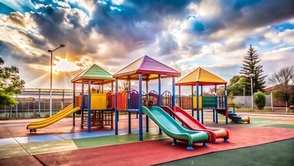 Vibrant childrens playground with colorful slides and towers under a blue sky with clouds