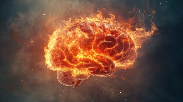 A brain on fire, with vivid flames and realistic smoke swirling around, symbolizing the effects of burnout and intense mental strain