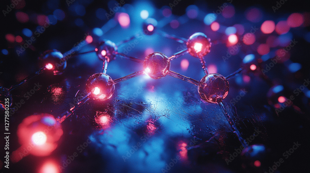 Poster molecular nanotechnology showcasing intricate structures with glowing nodes and connections, highlig