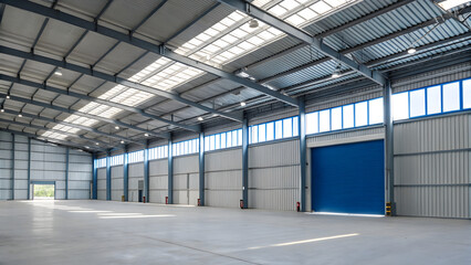 Empty warehouse with large windows and a blue roll-up door.