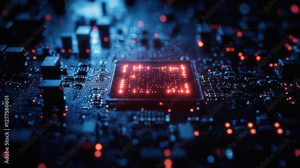 Poster close up view of microchip on circuit board, showcasing intricate details and glowing lights, repres