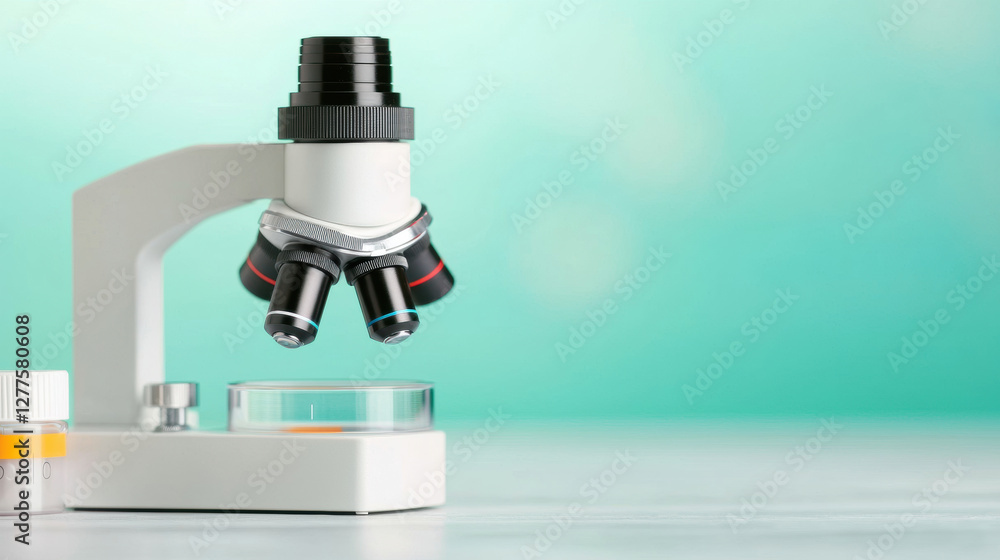Poster microscope with multiple lenses is positioned next to petri dish and sample containers, symbolizing 