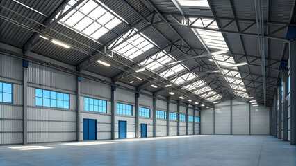 Spacious warehouse interior with skylights.