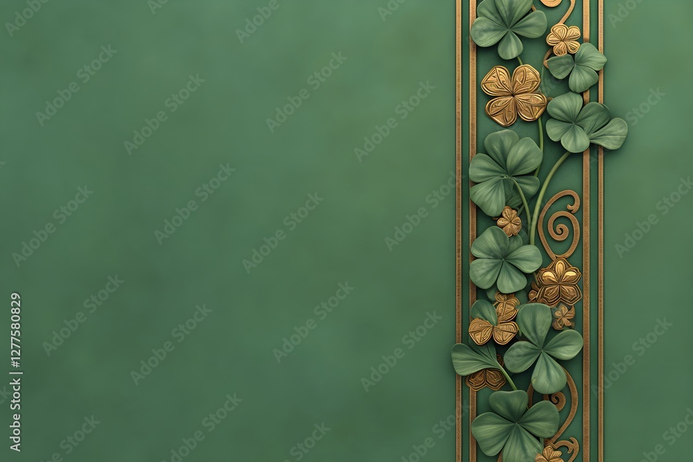 Poster decorative ornamental border with golden shamrocks and celtic pattern on green background with copy 