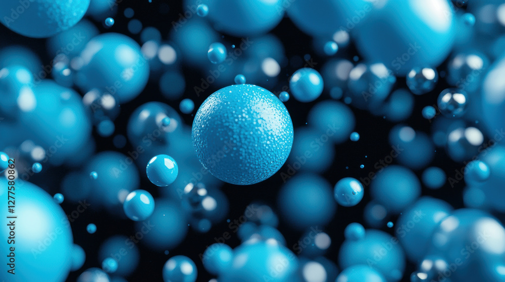 Poster blue synthetic chemical nanoparticles floating in solution, creating vibrant and dynamic visual effe