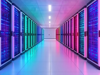 Data center technology showcase modern facility digital infrastructure high-tech environment wide-angle view innovation