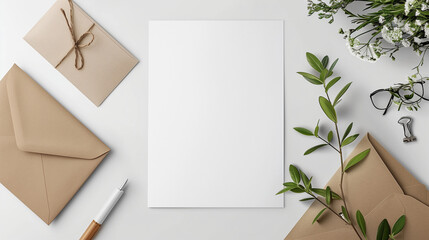 Blank white paper with envelopes and greenery on desk