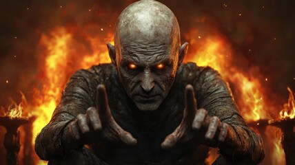 Obraz premium An evil sorcerer king sitting in a ruined castle throne room, his fingers crackling with dark energy, flaming braziers casting a haunting glow, ominous atmosphere, ultra-realistic