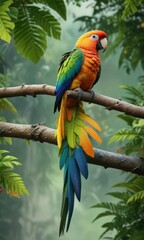 Fototapeta premium A brightly colored parrot on a curved branch with lush green leaves, orchid, colorful parrot, branch