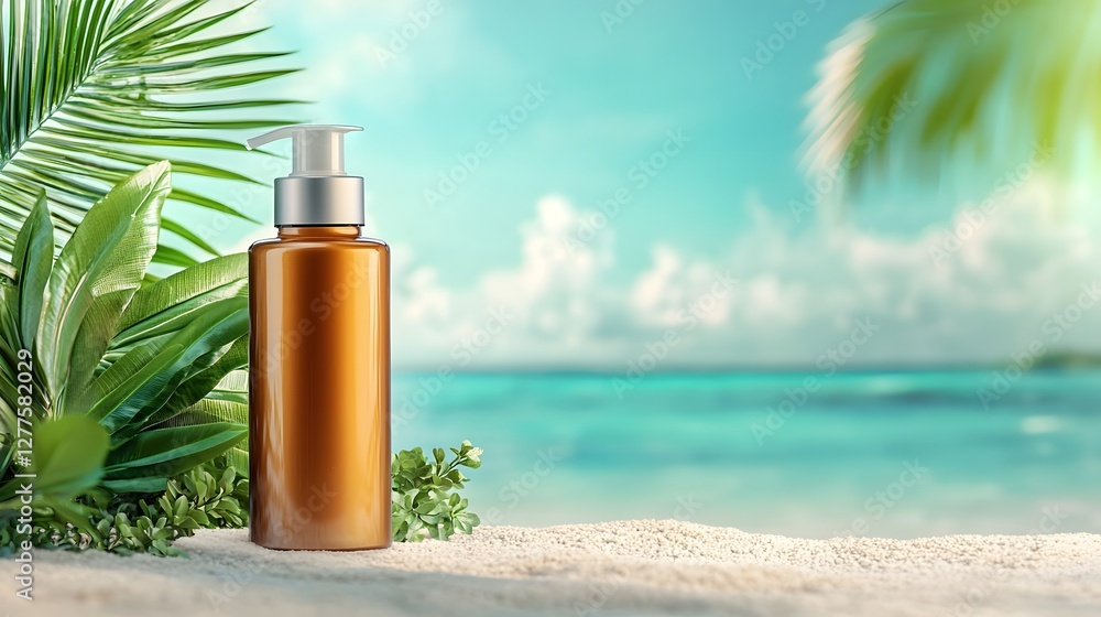 Poster close up of a sunscreen bottle standing on soft white sand with a beautiful turquoise ocean and clou