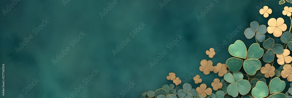 Poster st patrick's day green and gold shamrock pattern on dark emerald background with copy space. lucky c