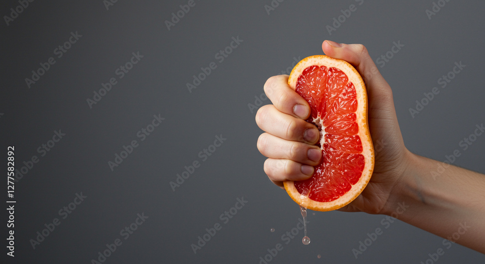 Poster grapefruit being squeezed in hand with grapefruit juice dripping. fresh grapefruit in hand