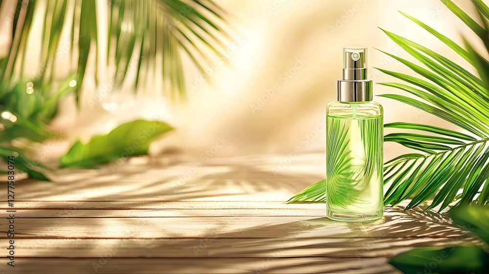 Poster refreshing hydrating facial mist bottle resting on wooden beach deck with palm leaves casting soft s