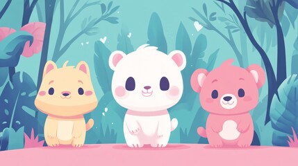 Naklejka premium Cute cartoon animals in a lush forest setting.