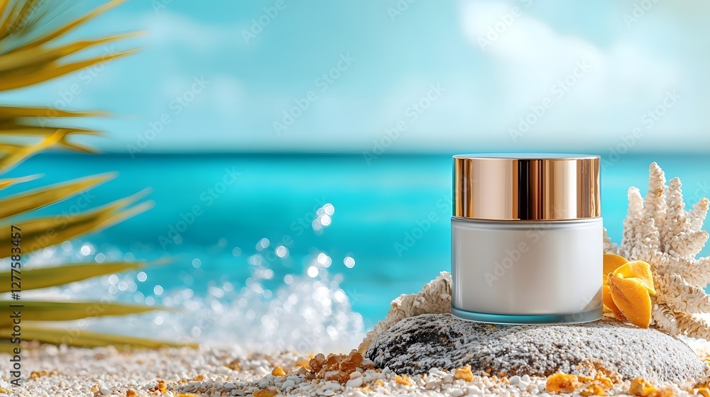 Poster luxurious body lotion container placed on a sunlit rock by the calm serene sea with waves gently spl