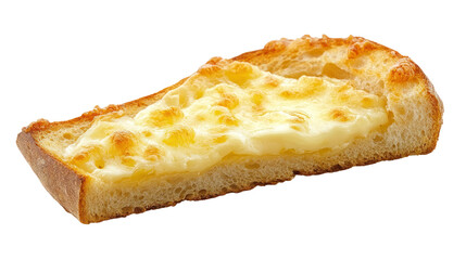 A delicious slice of golden, toasted bread topped with melted cheese, perfect for a snack or appetizer. Freshly baked and visually appealing.