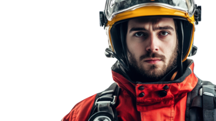 A determined young man wearing a protective helmet and jacket, showcasing bravery and readiness in an emergency response environment.