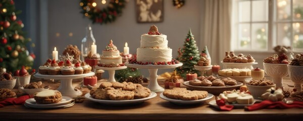 A Christmas dessert table filled with festive treats and holiday cookies , treats, sweet
