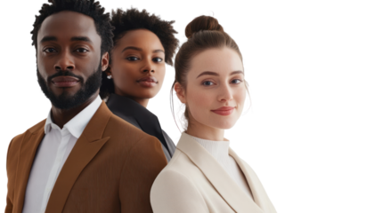 A diverse group of three professionals poses together, showcasing unity and collaboration in a modern workspace. Ideal for business and corporate themes.