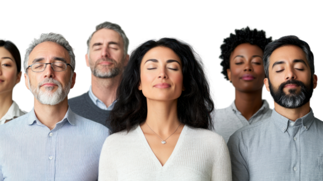 A diverse group of individuals practicing mindfulness together, fostering a sense of inner peace and relaxation. Unity in meditation and calmness.