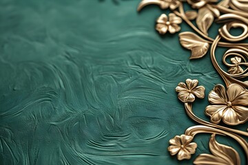 Decorative golden floral ornament on emerald green textured background with copy space. Luxury vintage pattern design for greeting cards and invitations