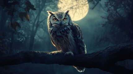 Obraz premium Majestic owl perched on branch under full moon.