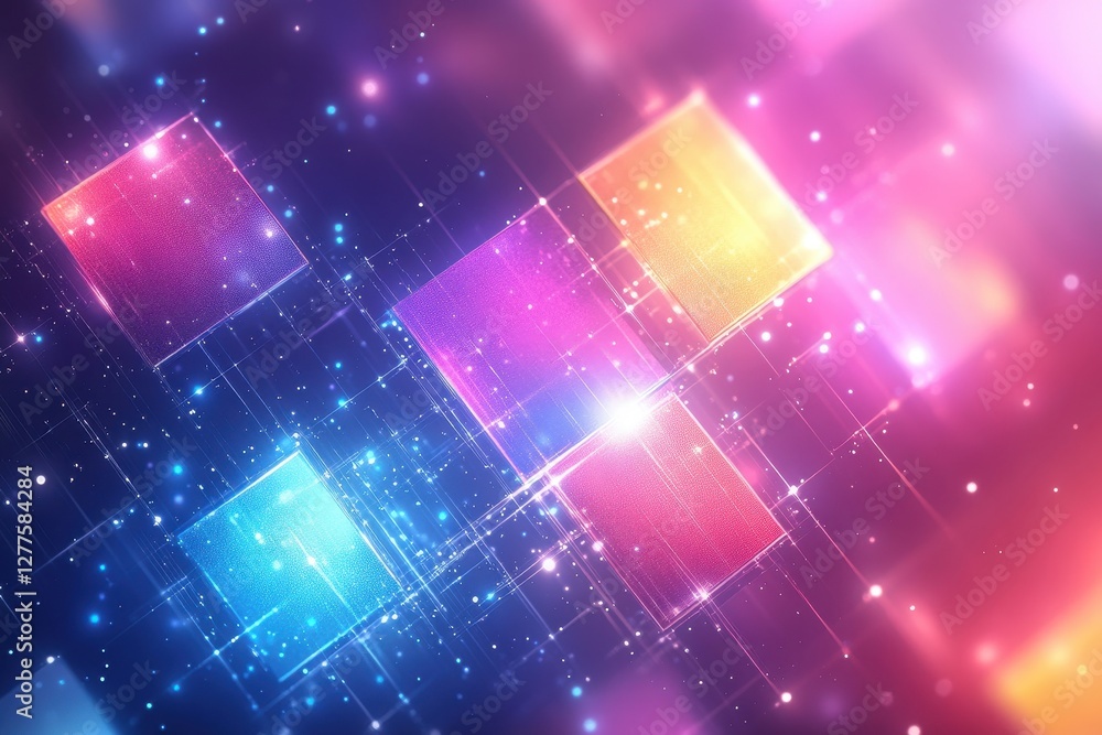 Poster glowing colorful squares on a dark background, creating an abstract digital design. perfect for tech