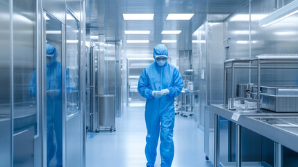 Scientist in clean suit walking in research lab
