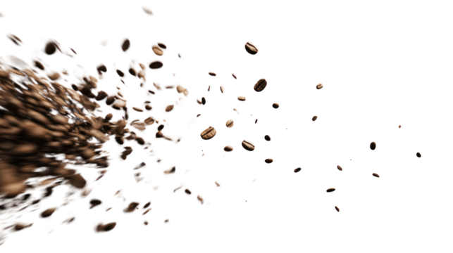 A dynamic shot of coffee beans scattering, symbolizing the freshness and energy associated with brewing a perfect cup of coffee.