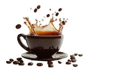 Obraz premium A dynamic splash of coffee in a brown cup, surrounded by coffee beans, capturing the essence of energy and refreshment.