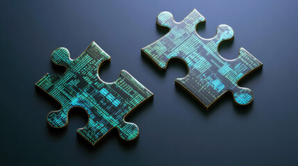 Fototapeta premium Two puzzle pieces connecting, symbolizing corporate merger, financial integration, and business synergy. Digital financial data highlights strategic alignment, asset blending, and corporate success.