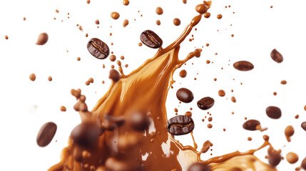 A dynamic splash of coffee showcasing the rich texture and flavor, surrounded by floating coffee beans creating an enticing and energetic scene.