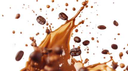 A dynamic splash of coffee showcasing the rich texture and flavor, surrounded by floating coffee beans creating an enticing and energetic scene.