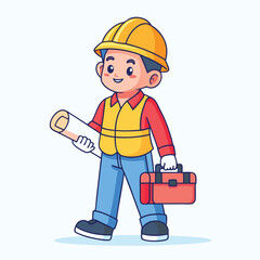 Cartoon construction worker character holding a blueprint and toolbox, ready for work in a cheerful and professional style