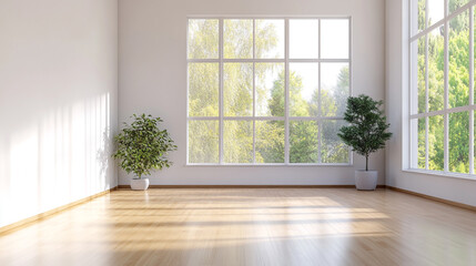 Bright empty interior with plants and big windows