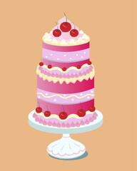 Cake design with party decorations. Cute pink cake. Vector templates great for invitations, poster, banner, flyer. Vector illustration.
