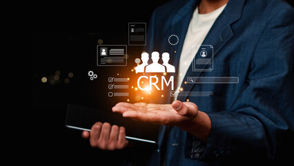Customer relationship management CRM concept. Customer database and business marketing solutions....