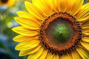 A close-up of a sunflower face with bright yellow petals and dark centers, yellow, bloom