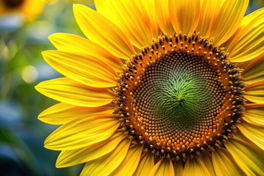 A close-up of a sunflower face with bright yellow petals and dark centers, yellow, bloom