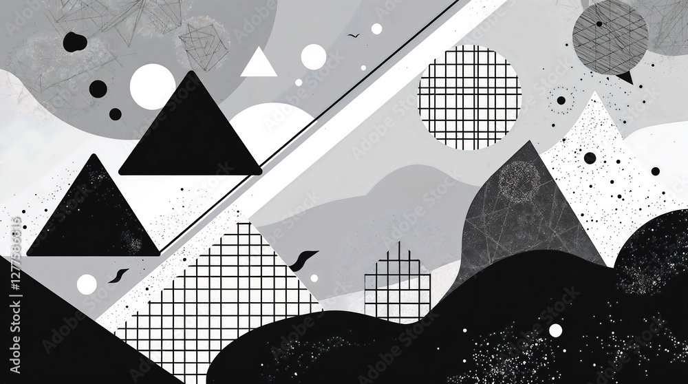 Poster modern abstract composition featuring geometric mountains, grid patterns, and circles in monochromat