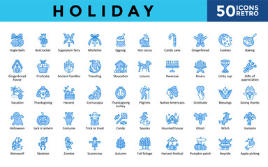 Holiday icons set with jingle bells, nutcracker, sugarplum fairy, mistletoe, eggnog, hot cocoa, candy cane, gingerbread, cookies, baking icon. Simple retro vector 
